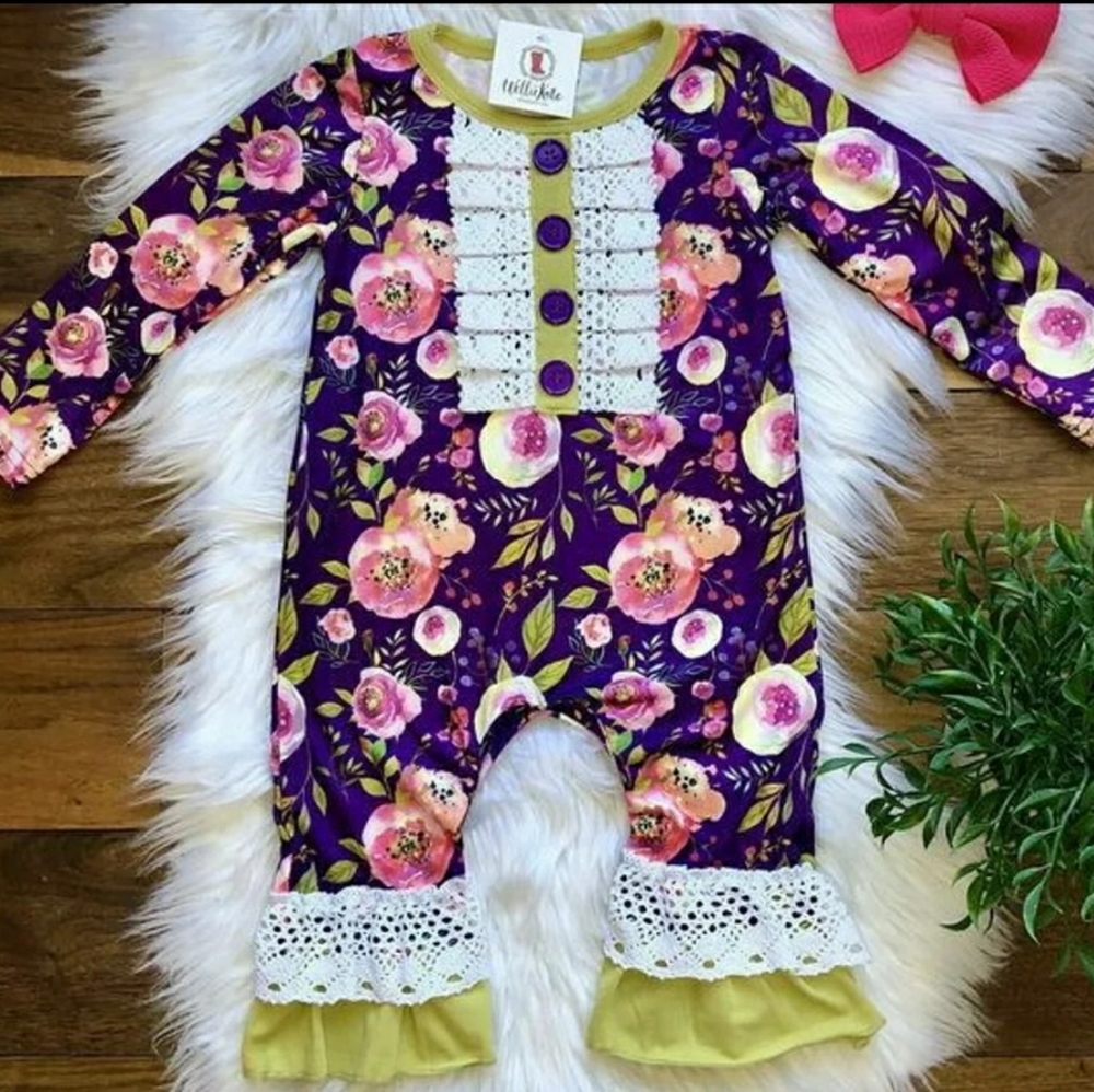 New 3-6 Month Baby Floral Romper Ruffled & Lace Hem